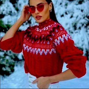 Zara Cable Knit Jacquard Red Sweater size Medium